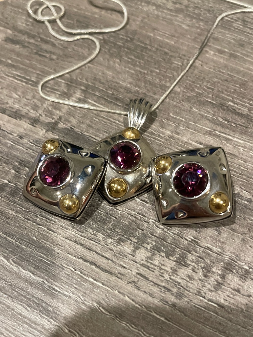 Sterling Silver Pendant Necklace with Purple Gem Accent Clip Earrings